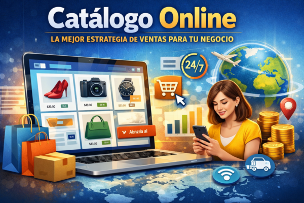 Ilustración de un catálogo online en un portátil y móvil mostrando productos, ventas digitales y alcance global