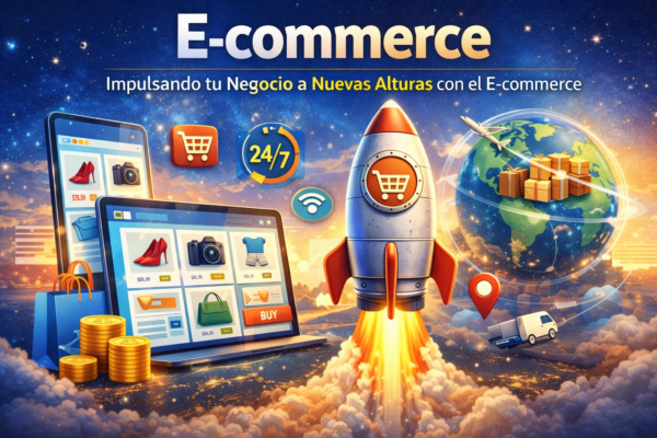 Ilustración de e-commerce mostrando una tienda online, ventas 24/7, alcance global y crecimiento del negocio digital