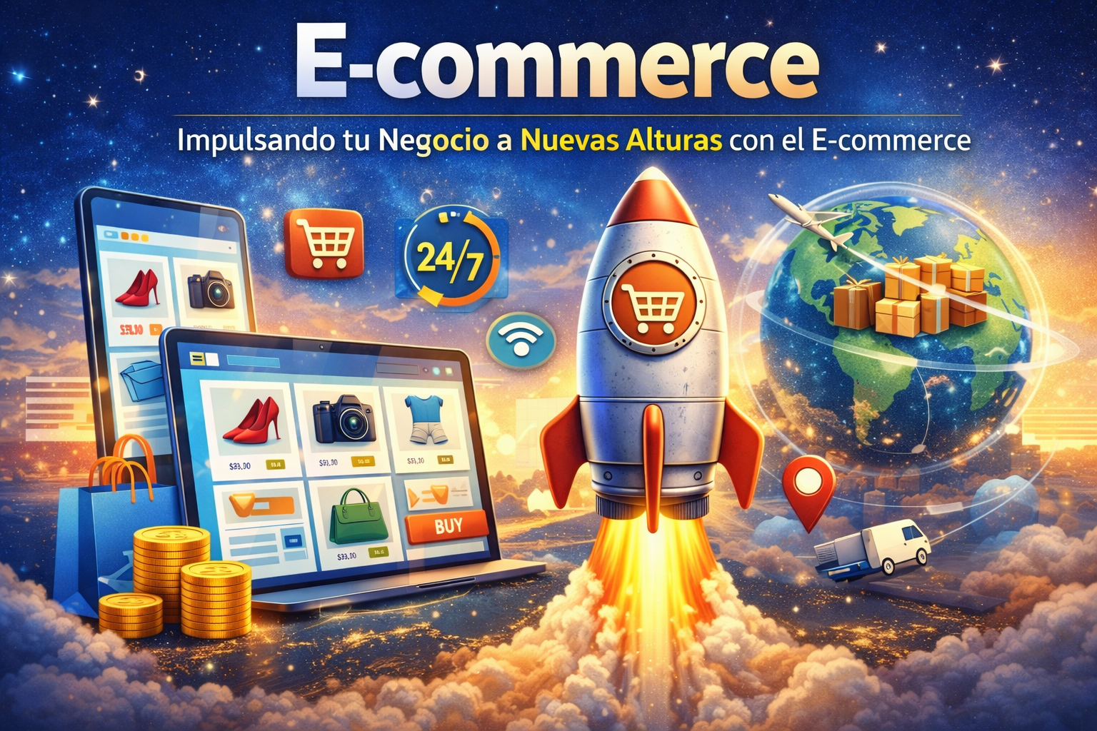 Ilustración de e-commerce mostrando una tienda online, ventas 24/7, alcance global y crecimiento del negocio digital